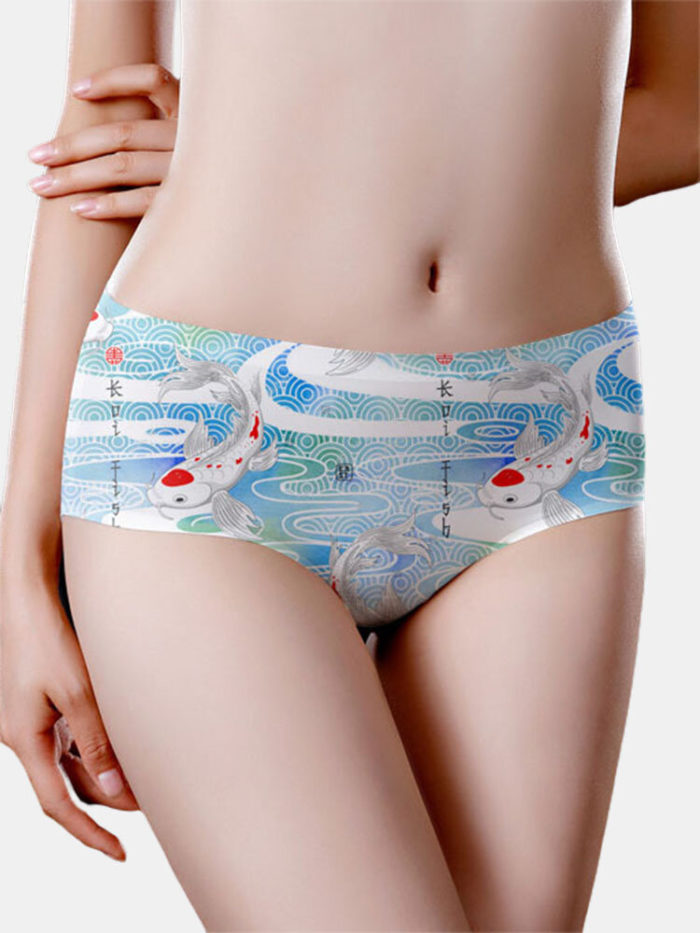 Women Koi Print Full Hip Seamless Breathable Mid Waist Panty Lingerie
