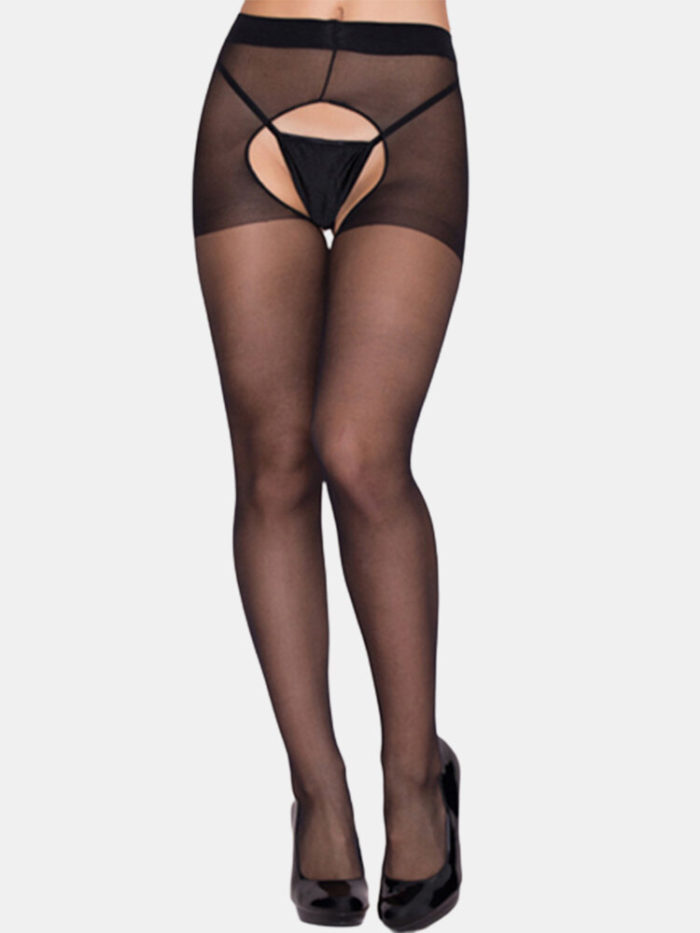 Women Solid Color Transparent Open Crotch Thin Stockings Sexy Lingerie