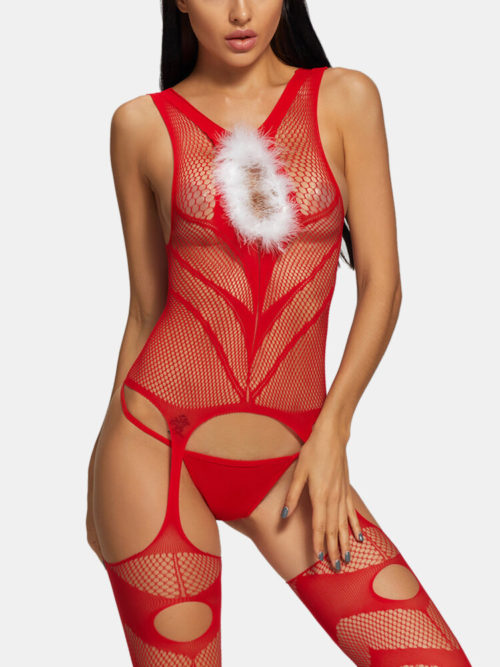 Women Christmas Feather Chest MeshHollow Out Bodystockings Sexy Lingerie